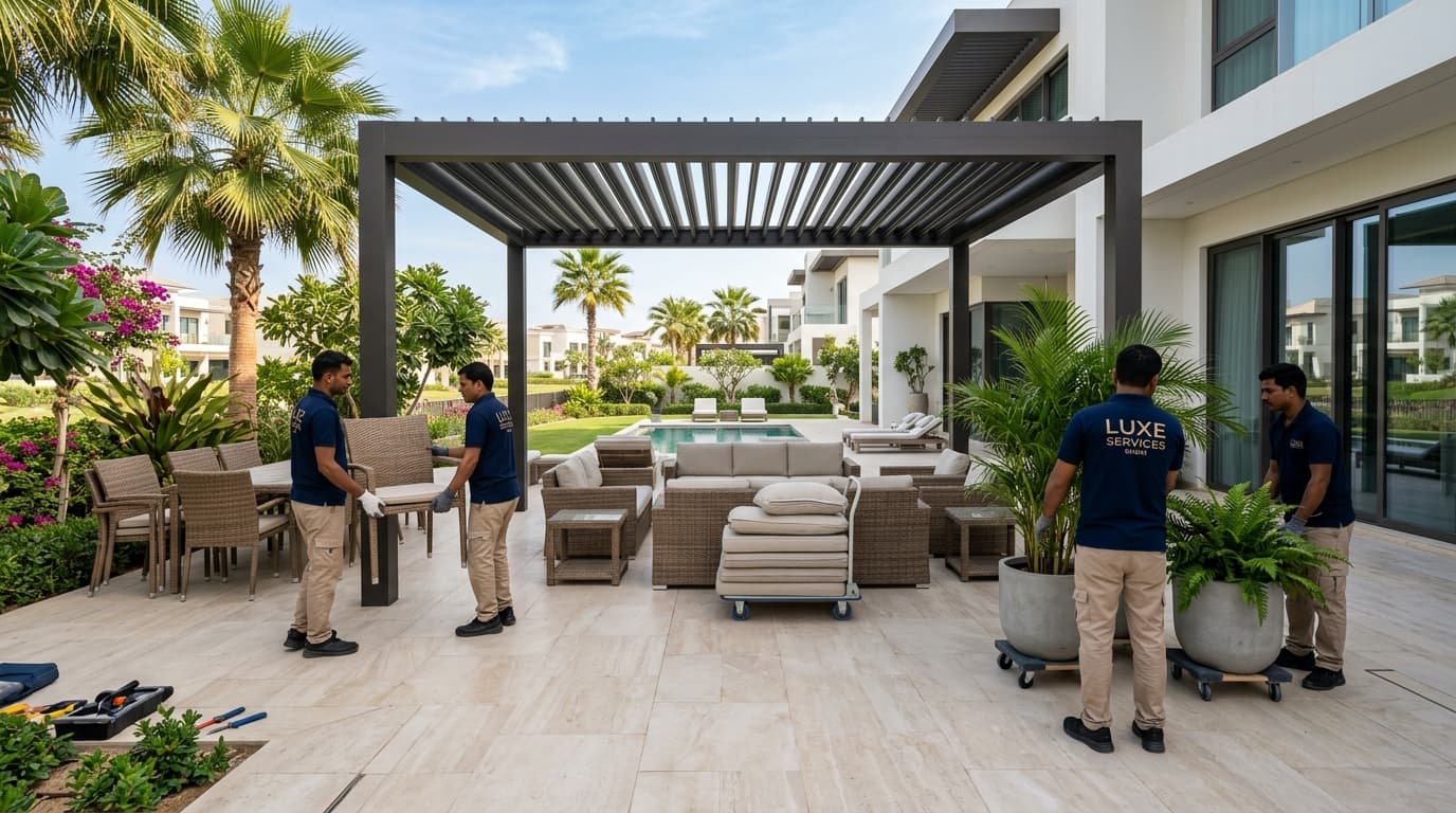 Uniformed clearance workers clearing outdoor patio furniture and pergolas in a Dubai villa garden