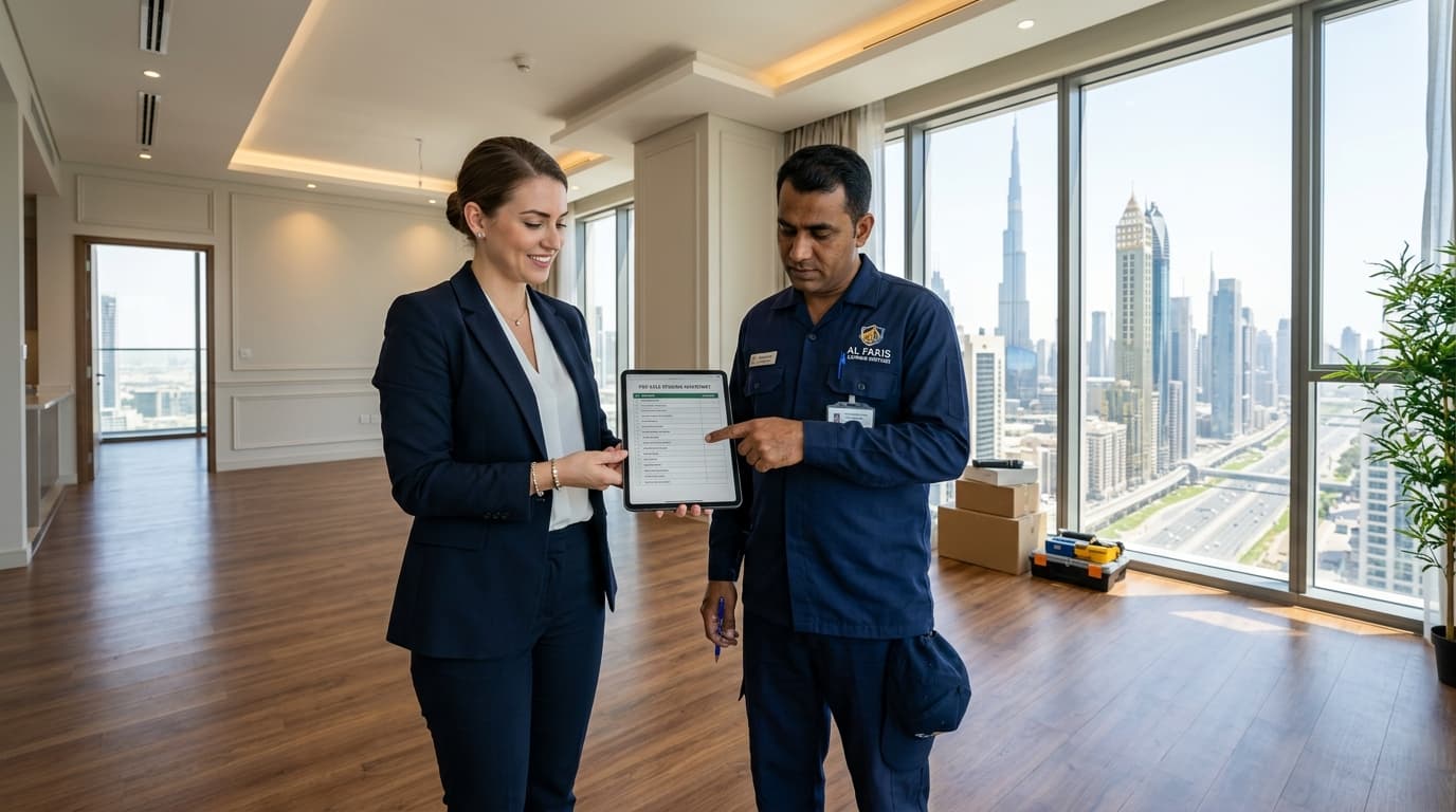 Real estate agent and professional clearance supervisor reviewing property inventory checklist in a vacant Dubai apartment