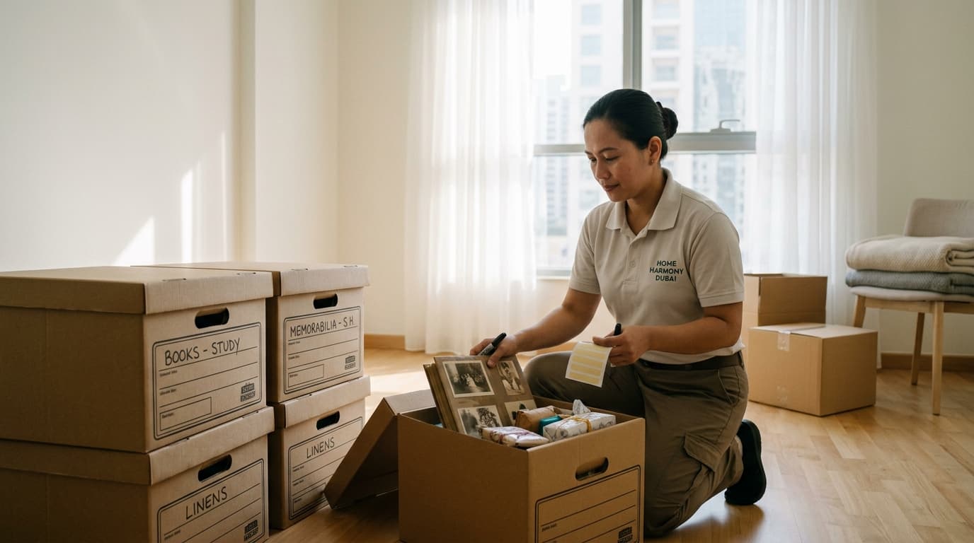 Specialist decluttering organizer cataloging and packing personal memorabilia in an organized Dubai residential room