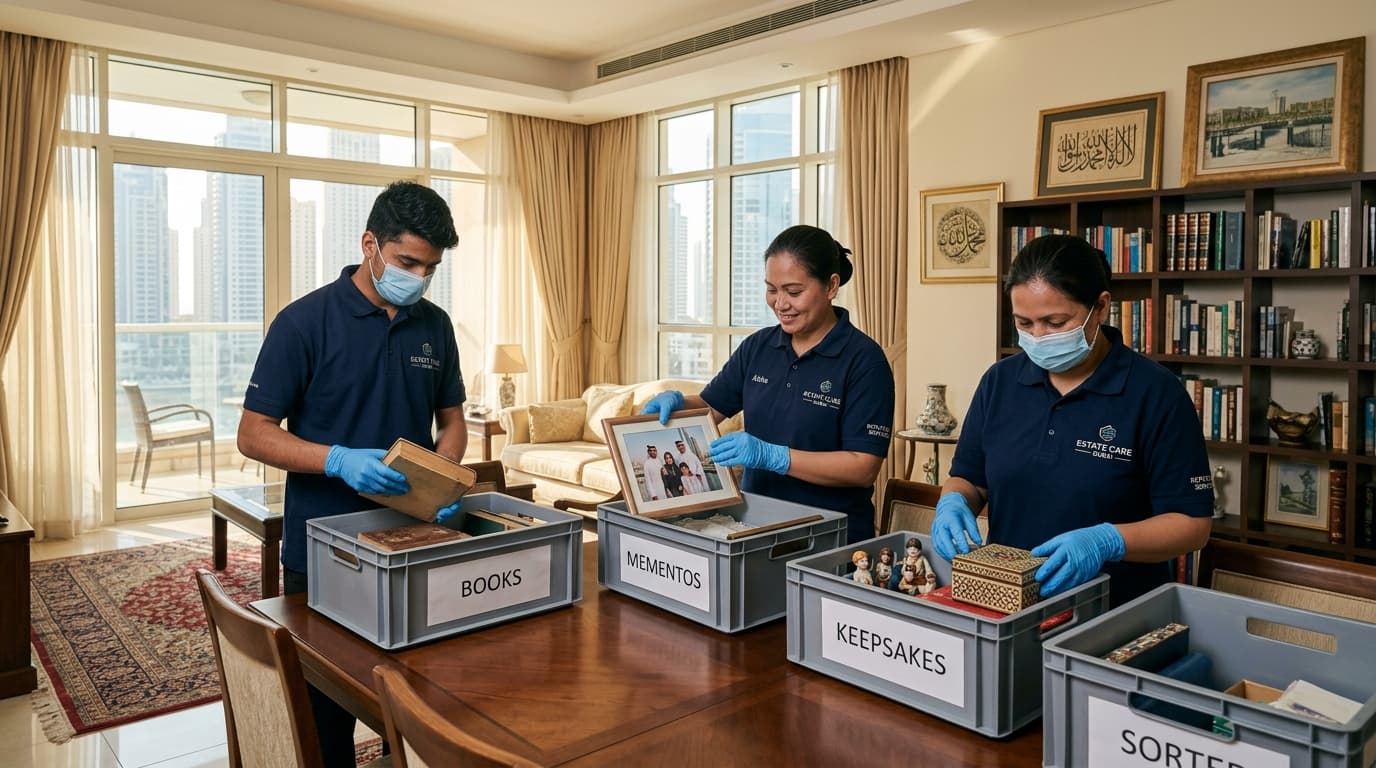 Compassionate and respectful clearance crew sorting family keepsakes and books into labeled storage crates in a Dubai residence