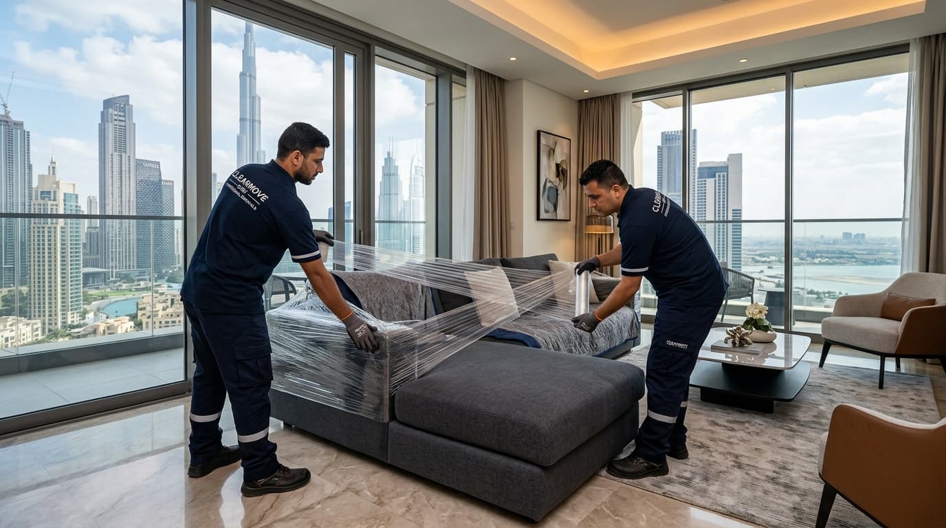 Two furniture-removal crew members wrapping a large upholstered sofa inside a high-rise Dubai apartment