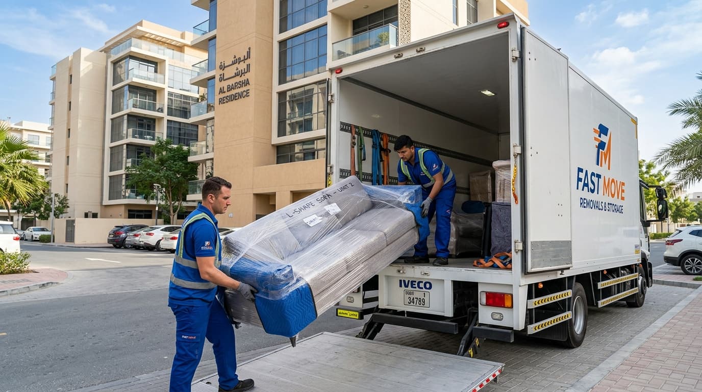 Removal crew carrying wrapped upholstered seating onto a furniture truck outside a Dubai residence