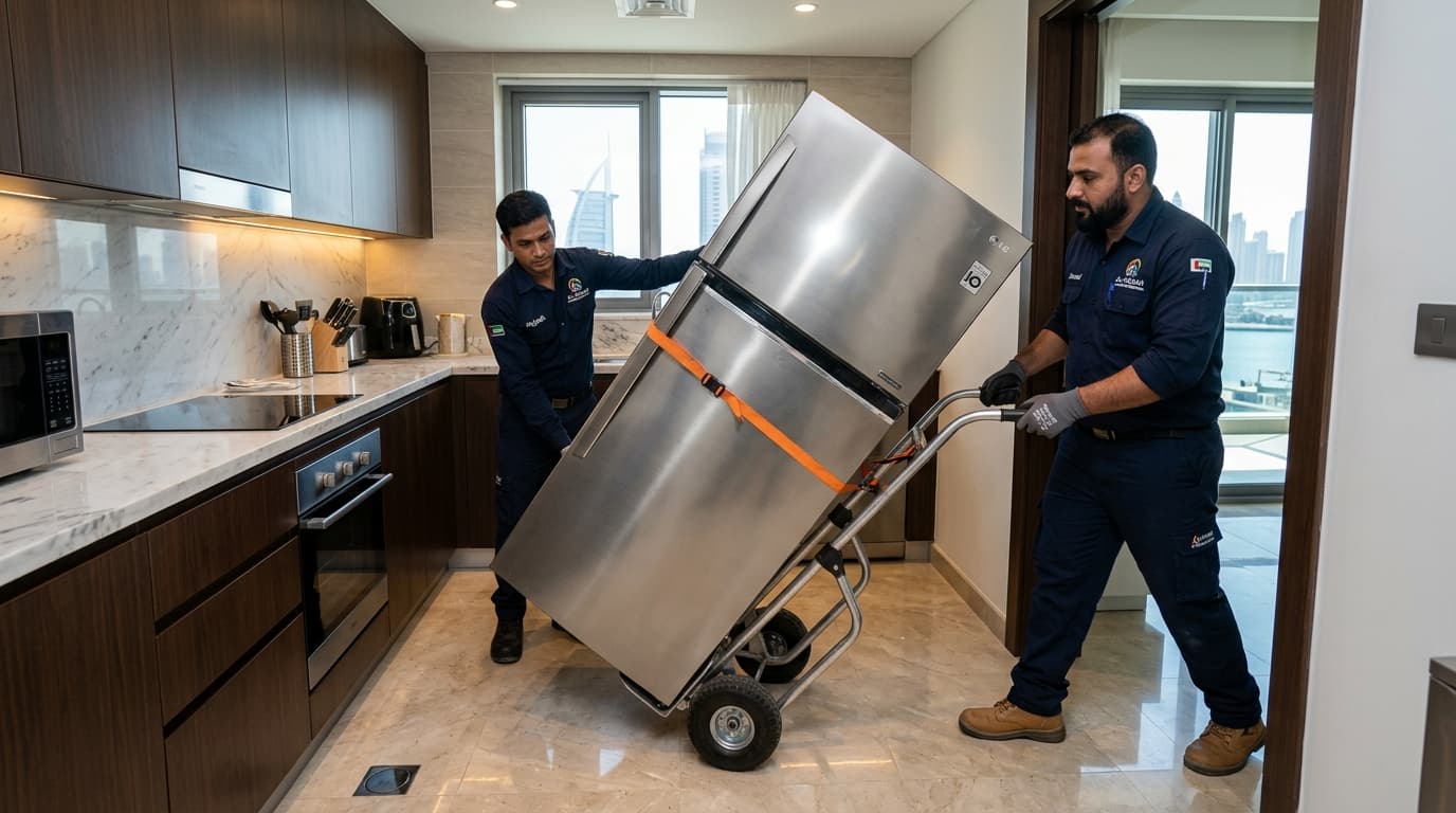 Two uniformed crew members moving a large kitchen appliance on a hand truck past a built-in oven in a Dubai apartment kitchen