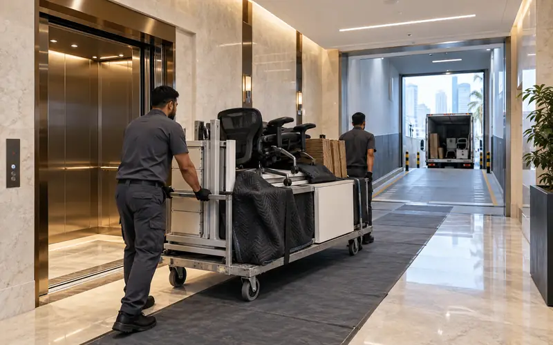 Uniformed crew wheeling protected office furniture from a service lift toward a Dubai tower loading bay