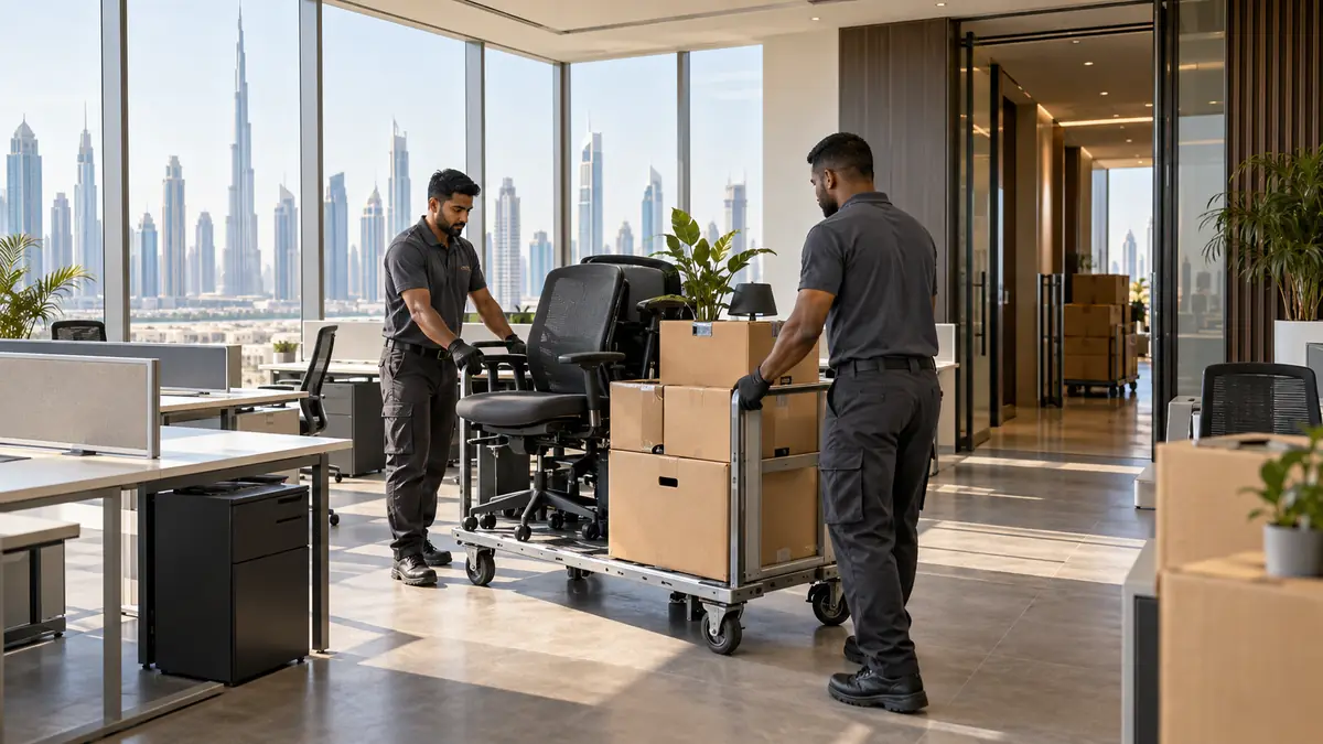 Clearance crew moving office chairs and packed crates through a modern Dubai high-rise office