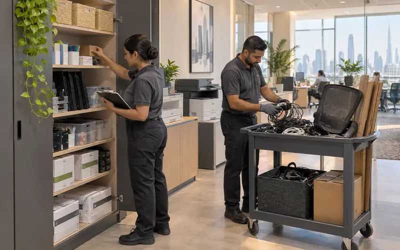 Facilities crew auditing an office storage cabinet while separating old cables and a broken chair for removal
