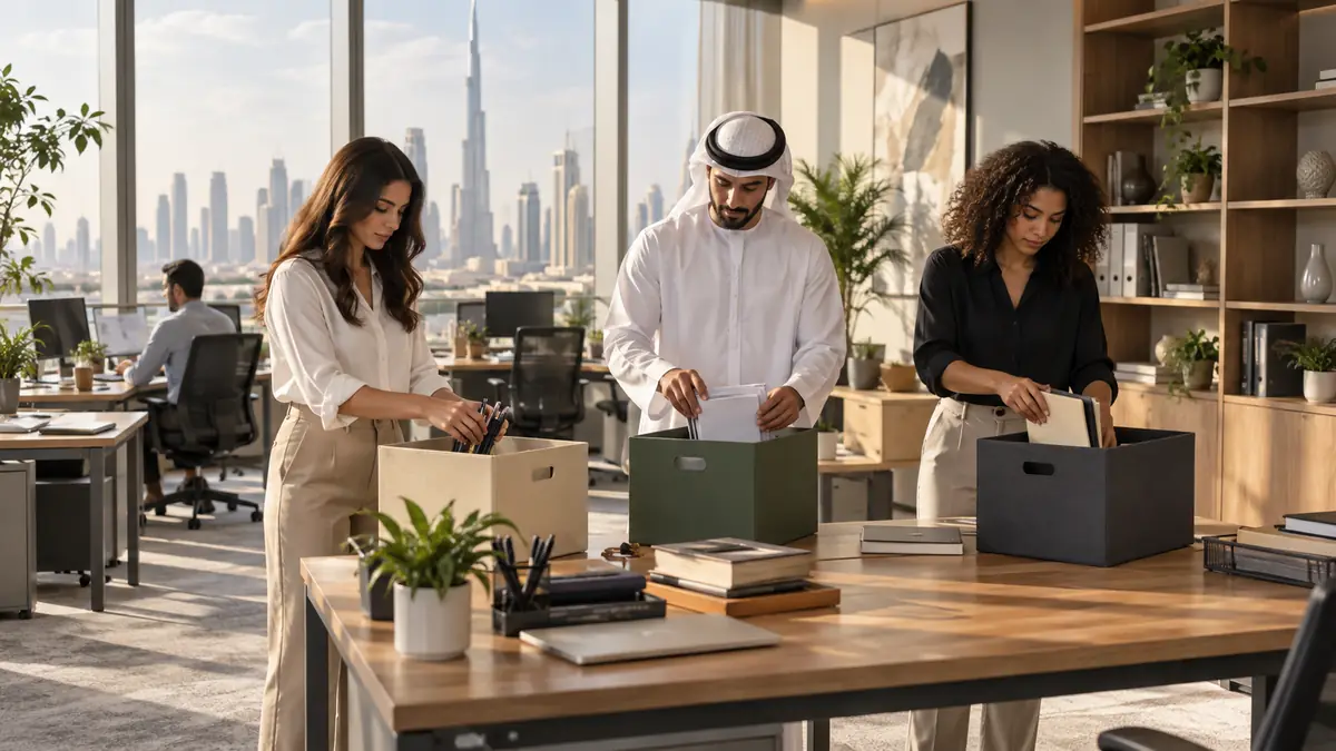 Dubai office team sorting files and stationery into containers during a workplace decluttering session