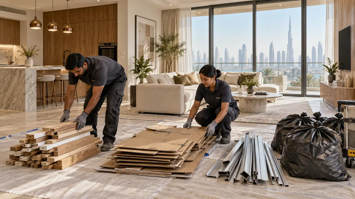 Crew sorting timber, cardboard, metal trim, and bagged debris after a Dubai apartment renovation