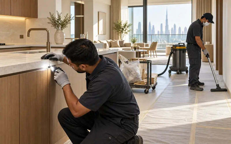 Post-renovation crew inspecting cabinetry and vacuuming protected floors in a finished Dubai apartment