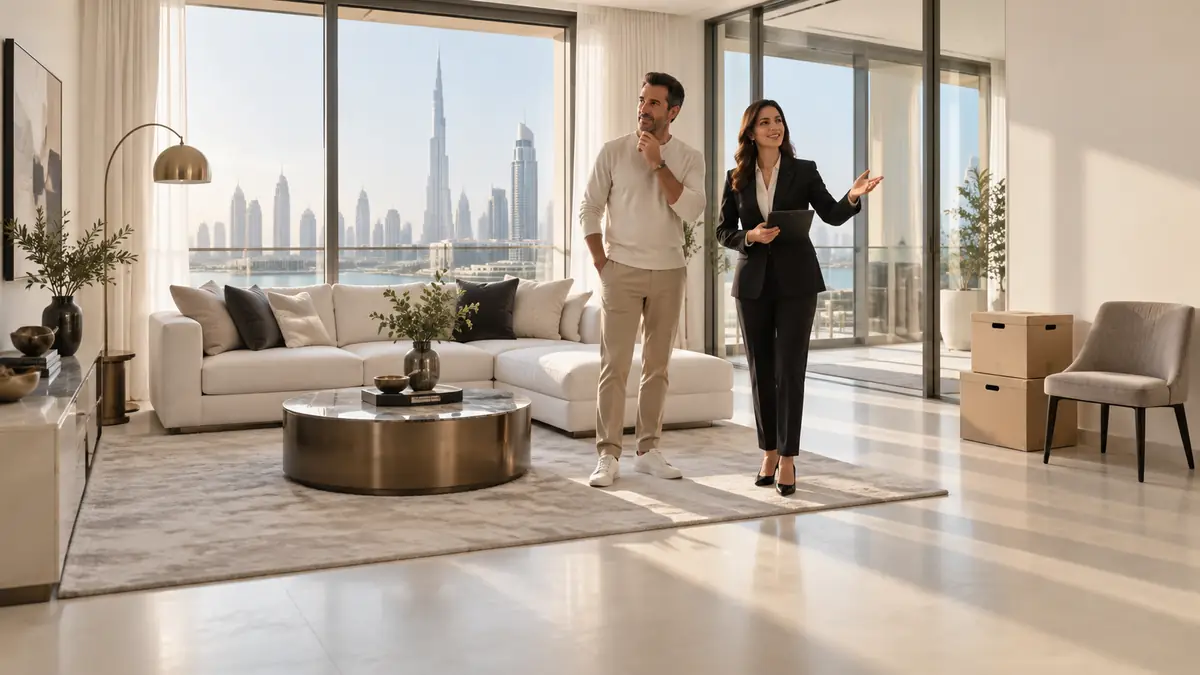 Dubai homeowner and property agent reviewing a bright decluttered apartment before sale