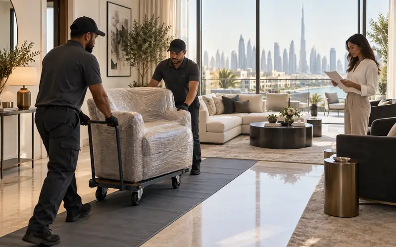 Removal crew wheeling a wrapped surplus chair from a viewing-ready Dubai living room while the resident checks an inventory
