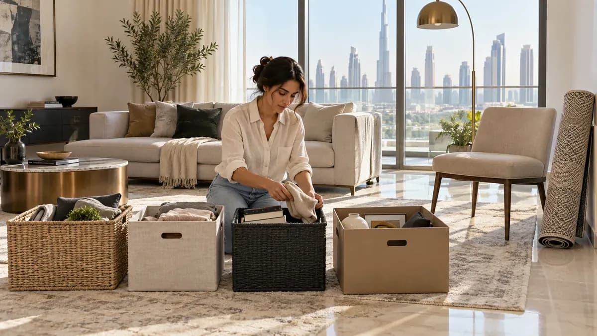 Dubai apartment resident sorting spring-cleaning items into four organised exit zones