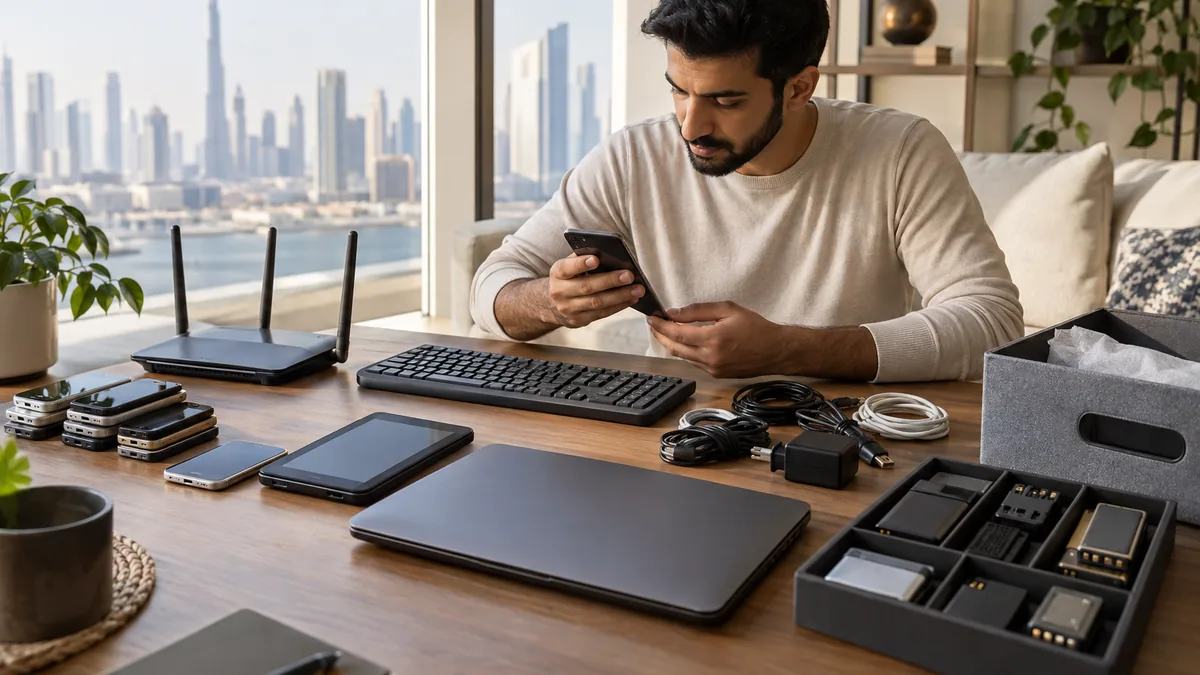 Dubai resident sorting phones, a laptop, router, cables, and batteries for electronics recycling