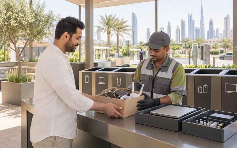 Staffed Dubai electronics recycling drop-off with devices and batteries kept in separate collection streams