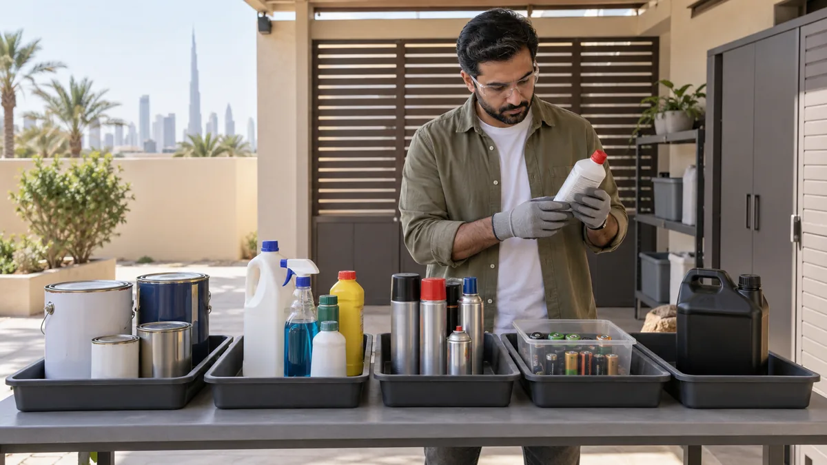 Dubai resident keeping paint, cleaners, aerosols, batteries, and oil in separate labelled trays