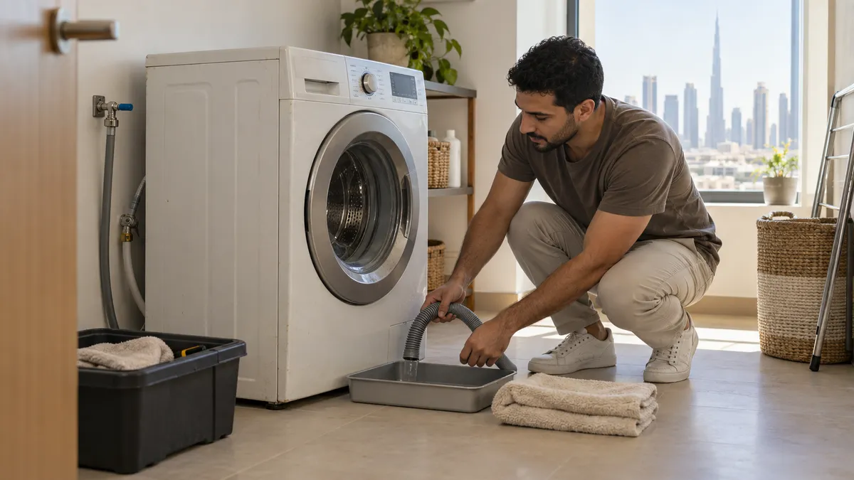 Dubai apartment resident draining an unplugged washing machine into a shallow tray before collection