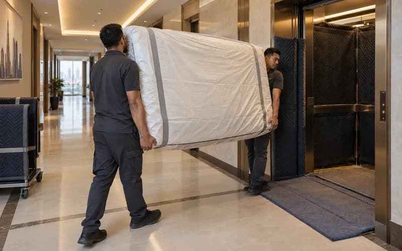 Two-person crew carrying a protected queen mattress toward a padded service lift in a Dubai tower