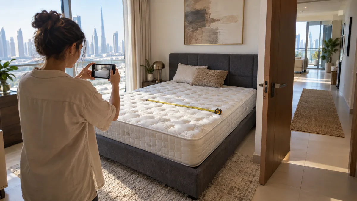 Dubai resident photographing and measuring a queen mattress before requesting a disposal quote