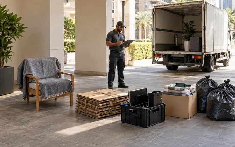 Separated chair, cardboard, electronics, textiles, and residual bags ready for collection at a Dubai loading bay