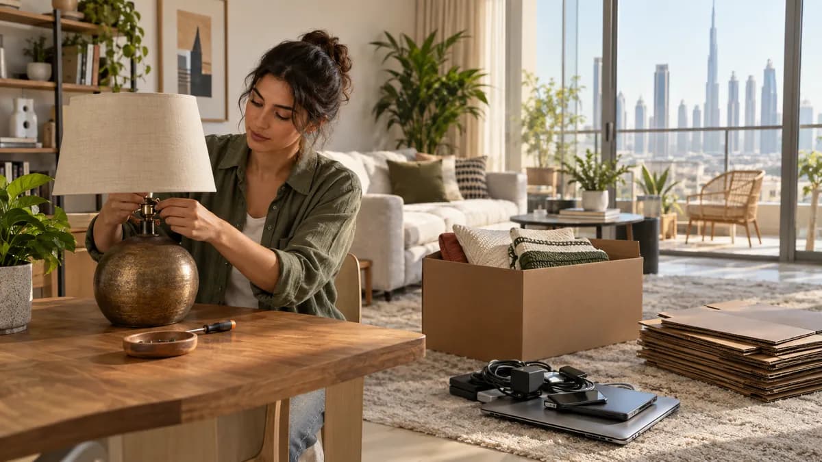 Dubai resident repairing a table lamp beside separated textiles, electronics, and flattened cardboard