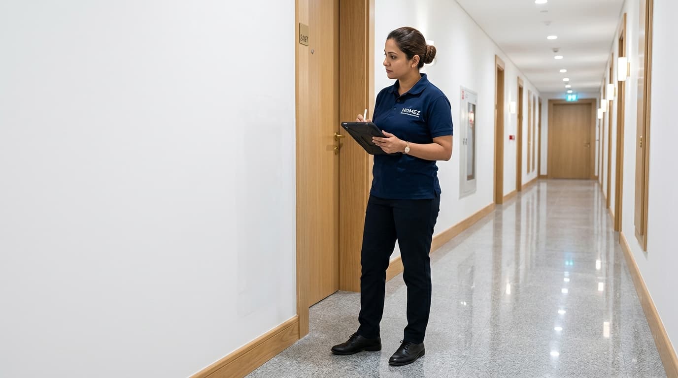 A property manager holding a digital checklist tablet inspecting a freshly patched and repainted white wall in an empty Dubai apartment corridor