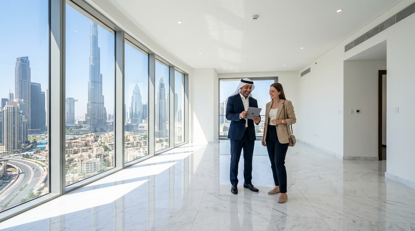 Dubai tenant and landlord conducting a final move-out handover inspection in a spotless, completely empty luxury high-rise apartment