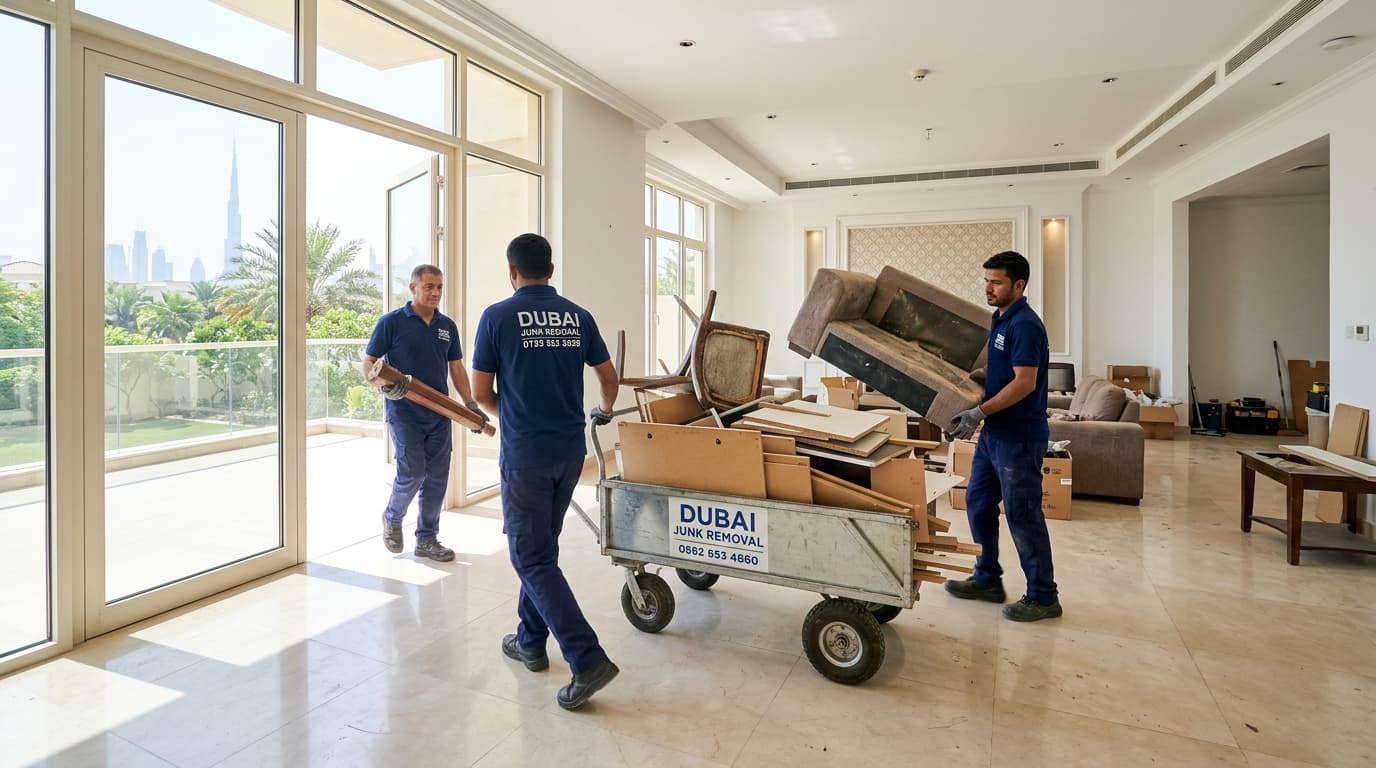 A professional junk removal team in tidy blue uniforms clearing old left-behind furniture from a spacious modern Dubai villa living room