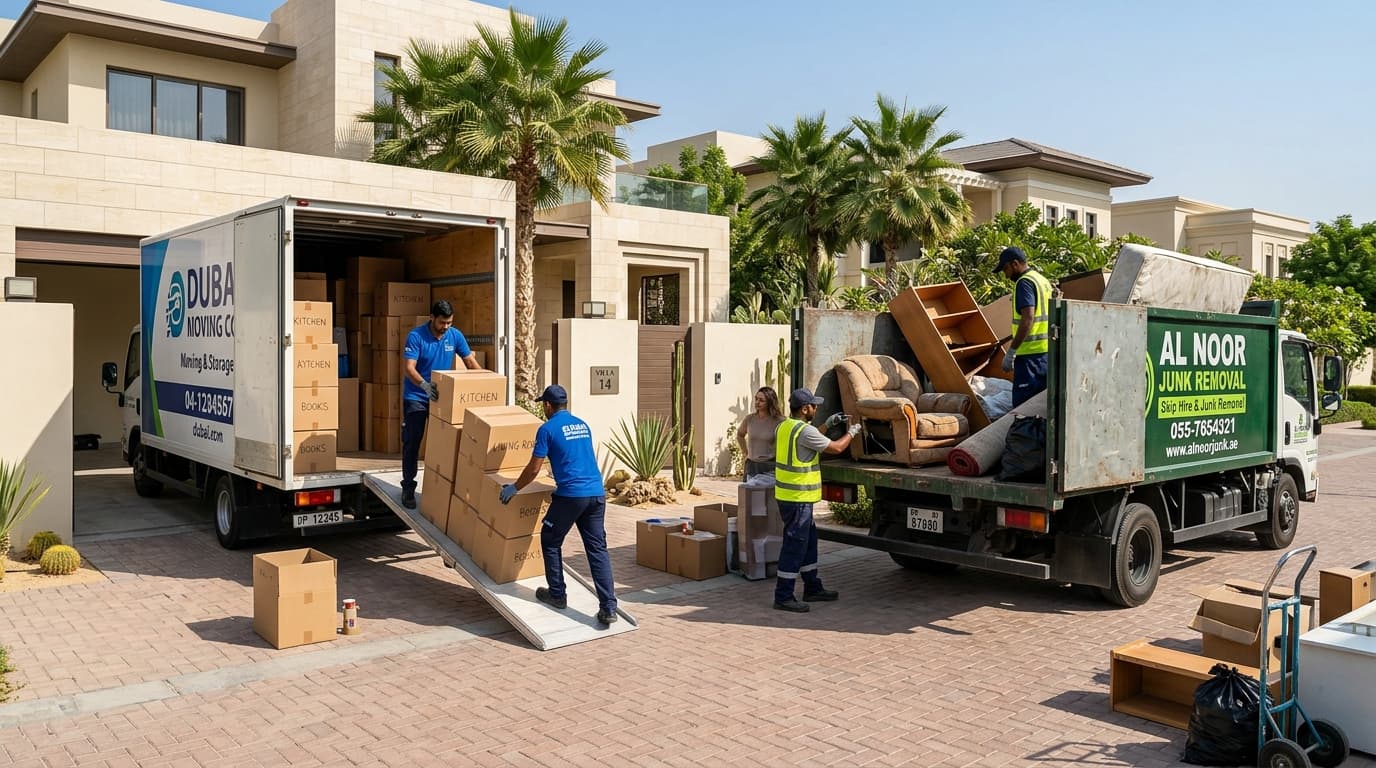 A residential relocation scene in a sunny Dubai villa driveway with a moving van and a junk removal truck parked