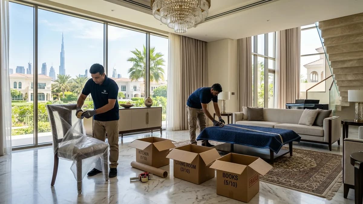 Professional removal crew in a bright Dubai villa living room packing moving boxes and wrapping wooden furniture with protective blankets, city skyline through windows