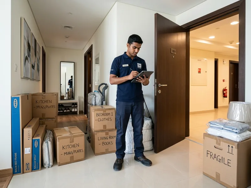 Staging area in a Dubai apartment hallway with flat-pack furniture, labeled relocation cartons, and a removal specialist reviewing a clearance checklist