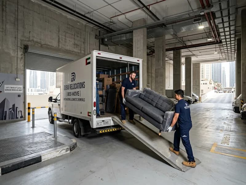 Covered basement loading bay in a Dubai tower with a removal truck parked and two uniformed movers loading a wrapped sofa