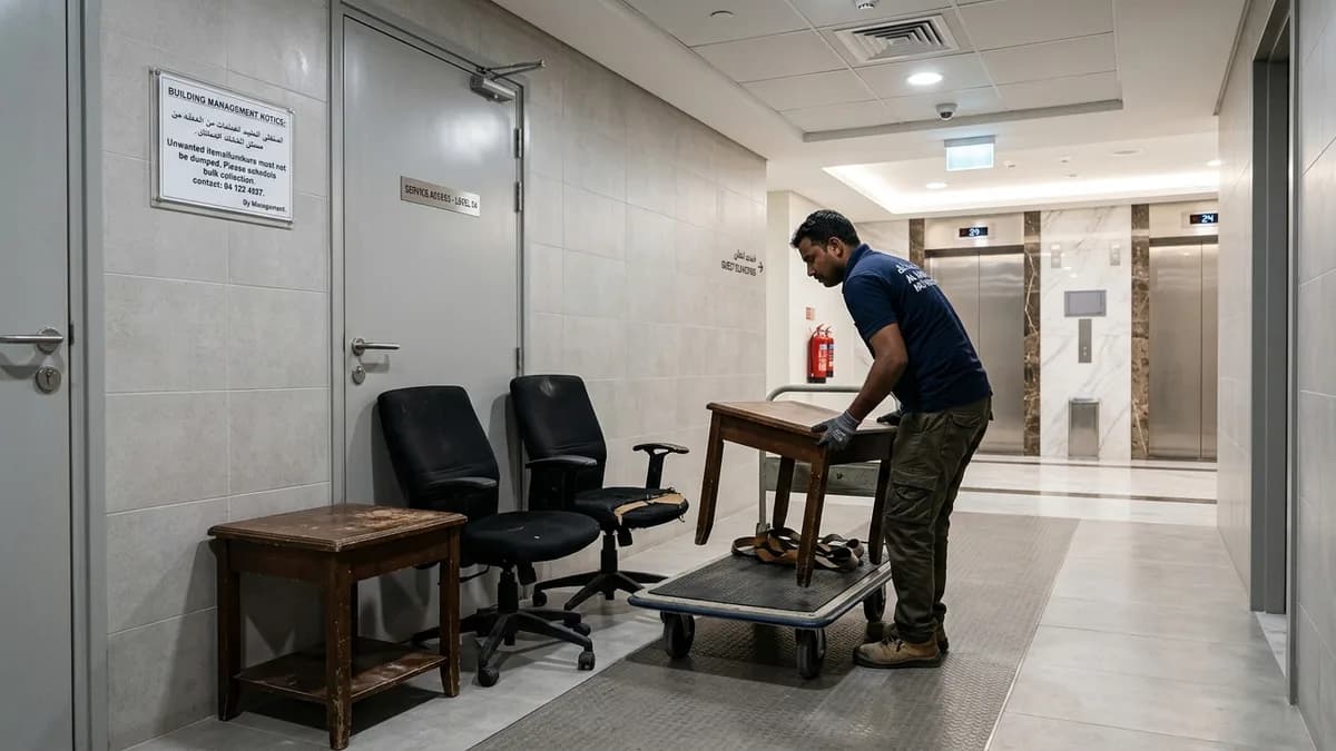 Modern Dubai apartment service corridor with building management notice, elevator lobby, and a technician loading discarded chairs onto a flatbed trolley