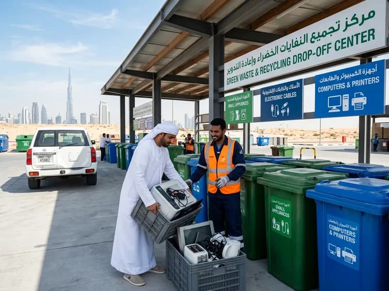 Clean authorized green waste and e-waste recycling drop-off center in Dubai with organized sorting bins and attendant receiving electronic equipment