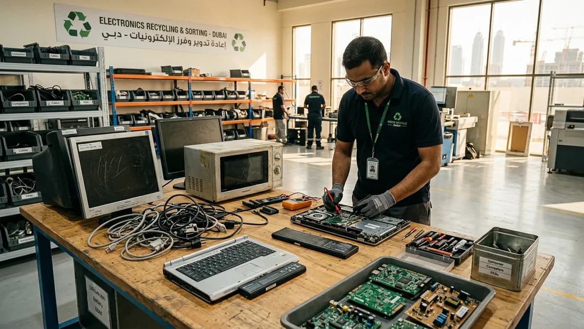 Modern electronics recycling workshop in Dubai with sorting benches, computer hardware, testing meters, and technician inspecting electronic boards