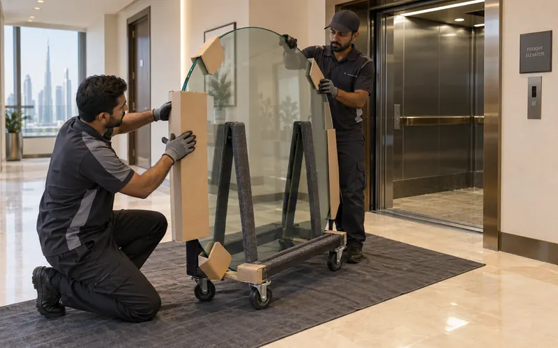 Crew fitting face protection and corner guards to a round glass tabletop beside a Dubai tower freight elevator