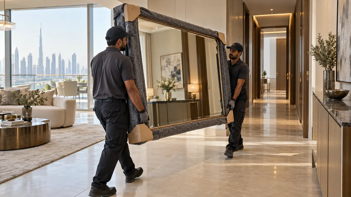Two clearance crew members carrying a blanket-wrapped oversized mirror through a bright Dubai apartment