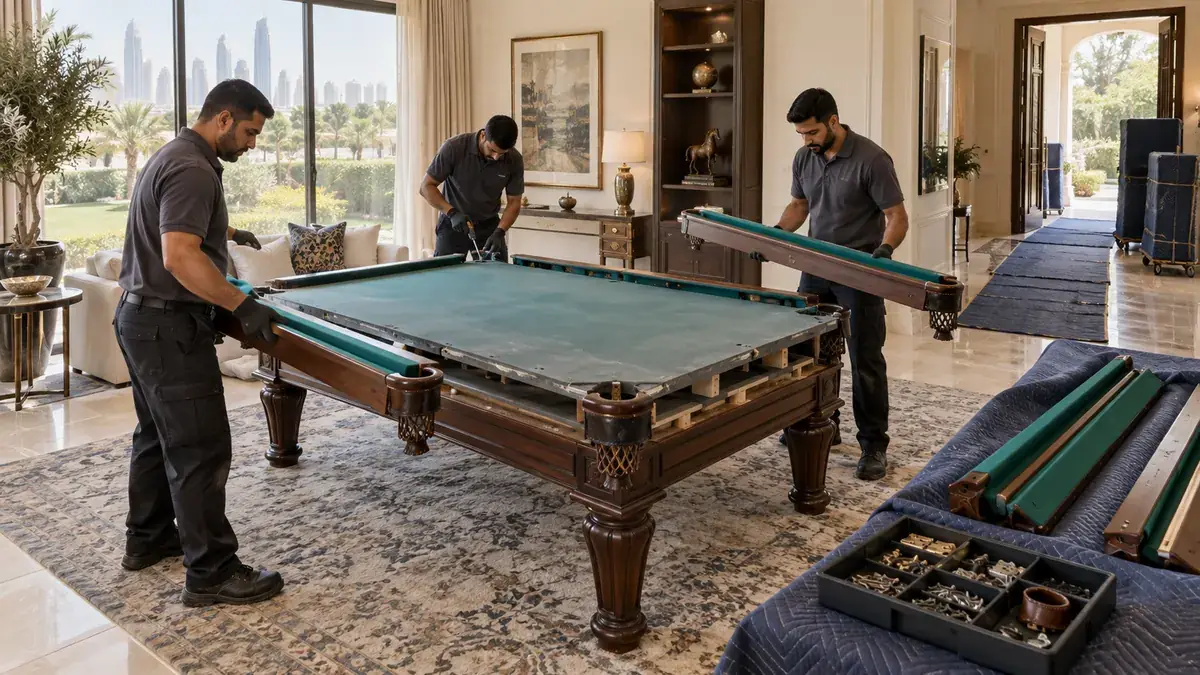 Specialist crew dismantling a slate pool table in a bright Dubai villa games room