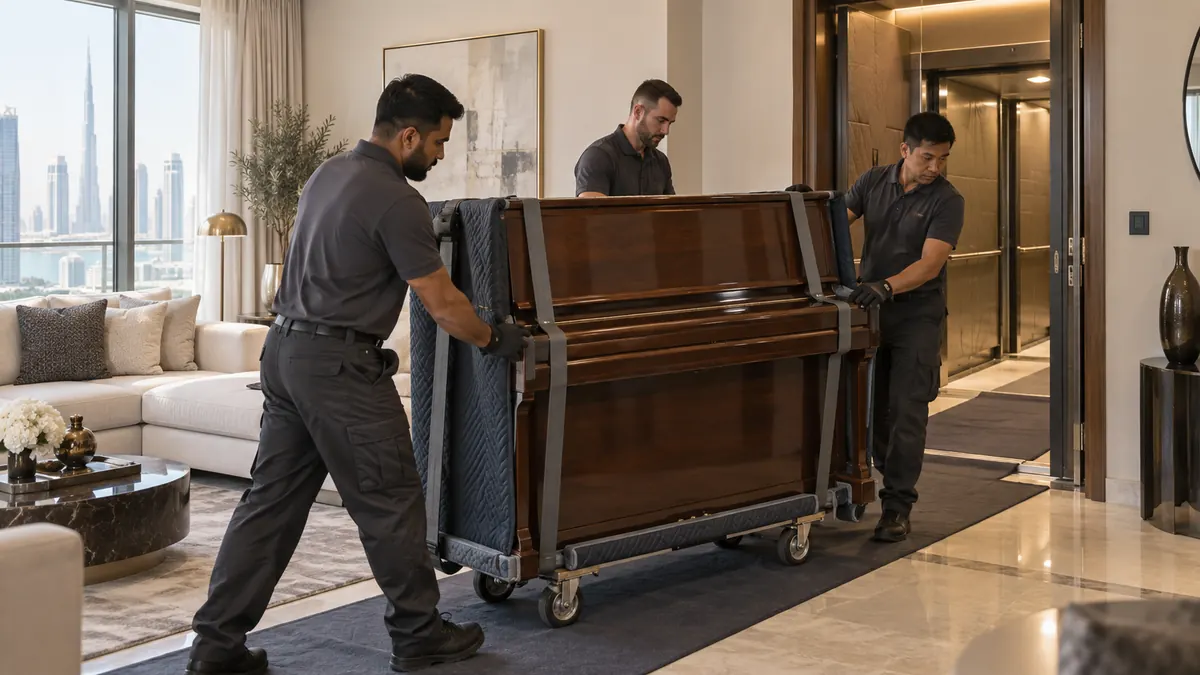 Three movers securing a polished upright piano on a padded dolly inside a Dubai apartment