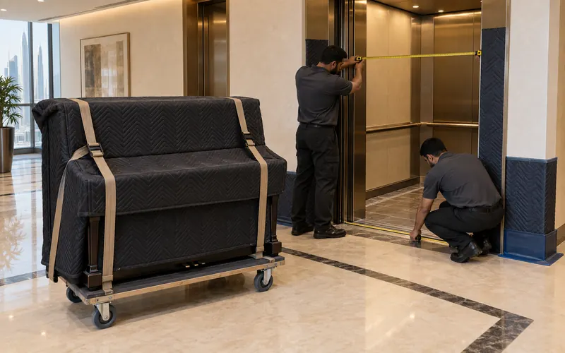 Movers measuring a service-elevator doorway beside a strapped and padded upright piano in a Dubai tower