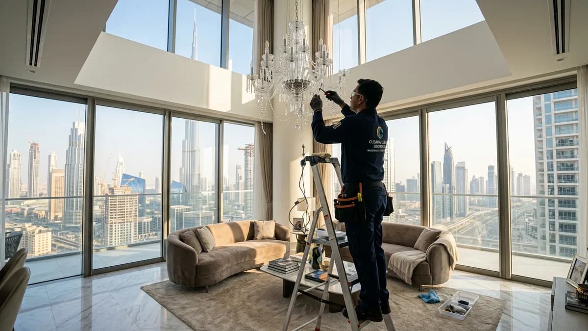 Clearance technician on a safety stepladder dismantling a crystal chandelier in a high-ceiling Dubai apartment during tenancy handover