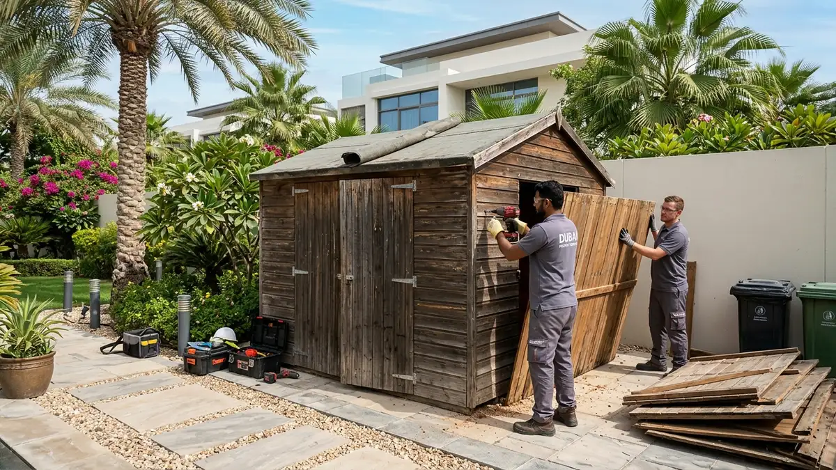 Clearance crew with power tools unbolting weathered wooden wall panels of an outdoor garden shed in a Dubai villa backyard