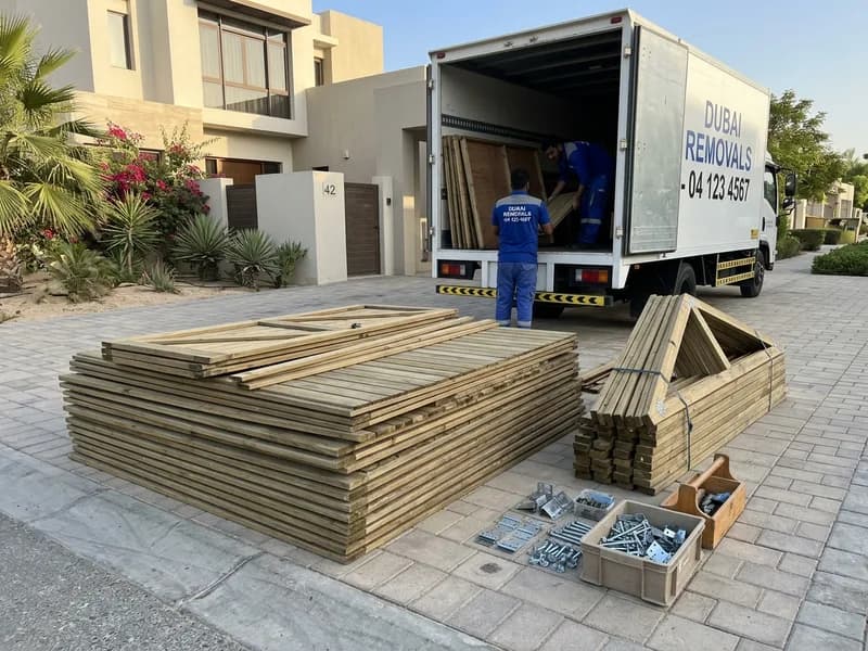 Dismantled wooden garden shed timber panels and roof trusses neatly stacked on a Dubai villa paved driveway next to a clearance truck