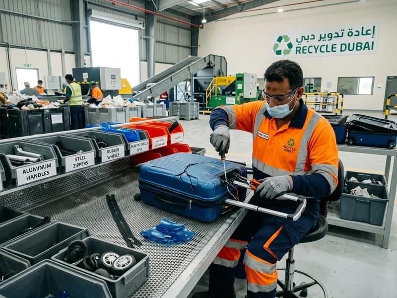 Technician at a Dubai recycling facility dismantling a broken blue polycarbonate suitcase, separating aluminum handles and caster wheels