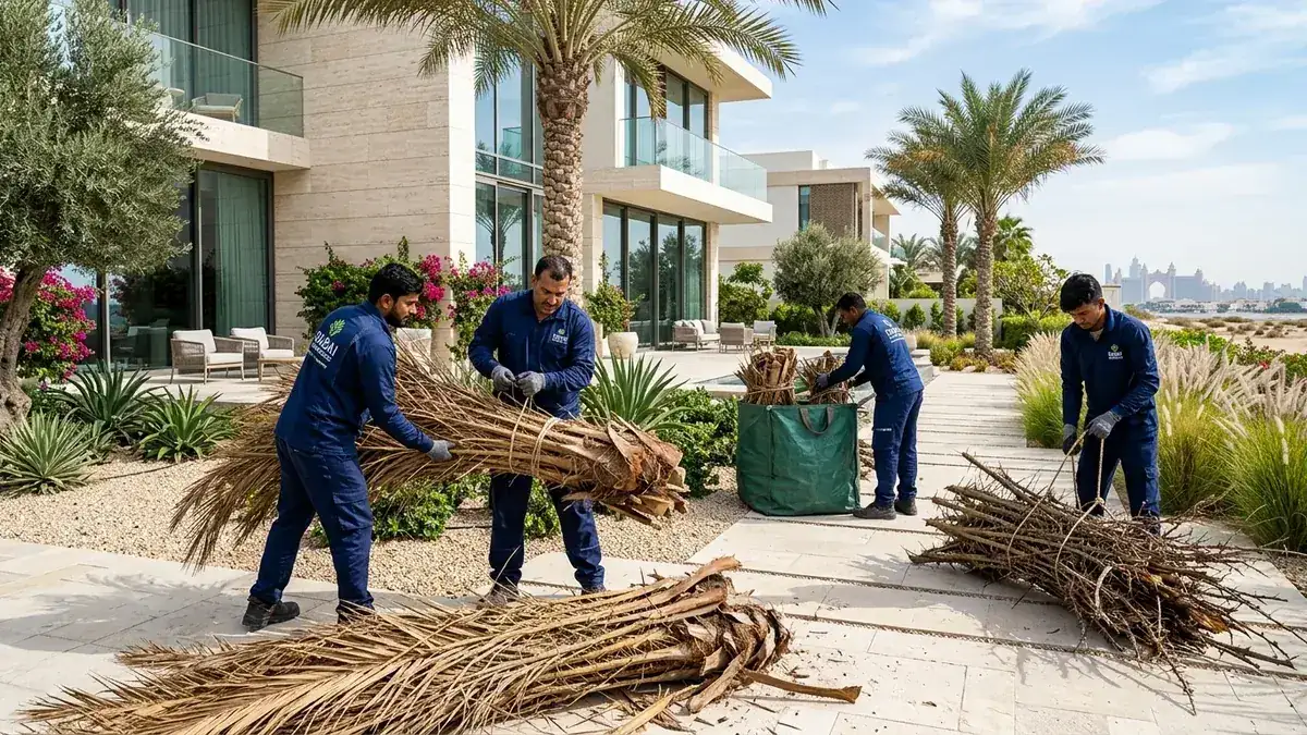 Clearance crew bundling dry palm fronds and pruned date palm foliage in the landscaped garden of a Dubai villa