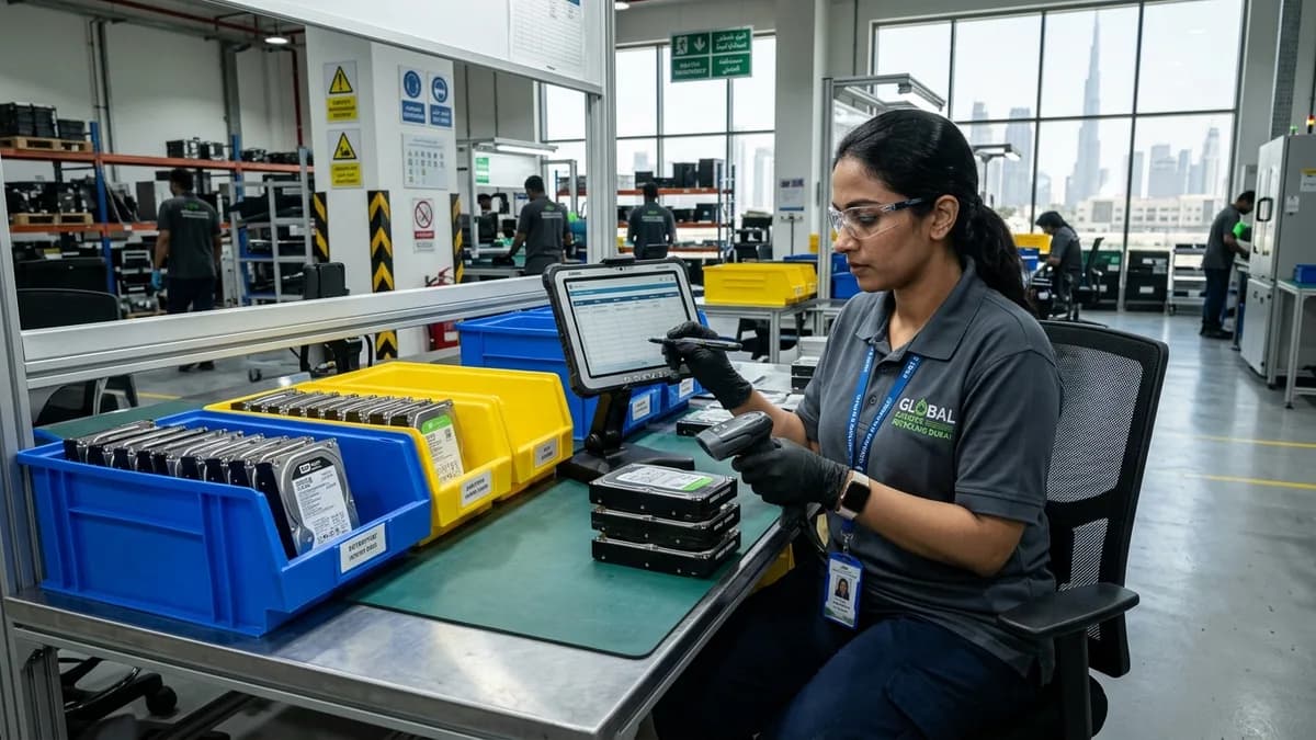 Certified e-waste technician logging hard drive serial numbers into a tracking tablet at a Dubai electronic recycling facility