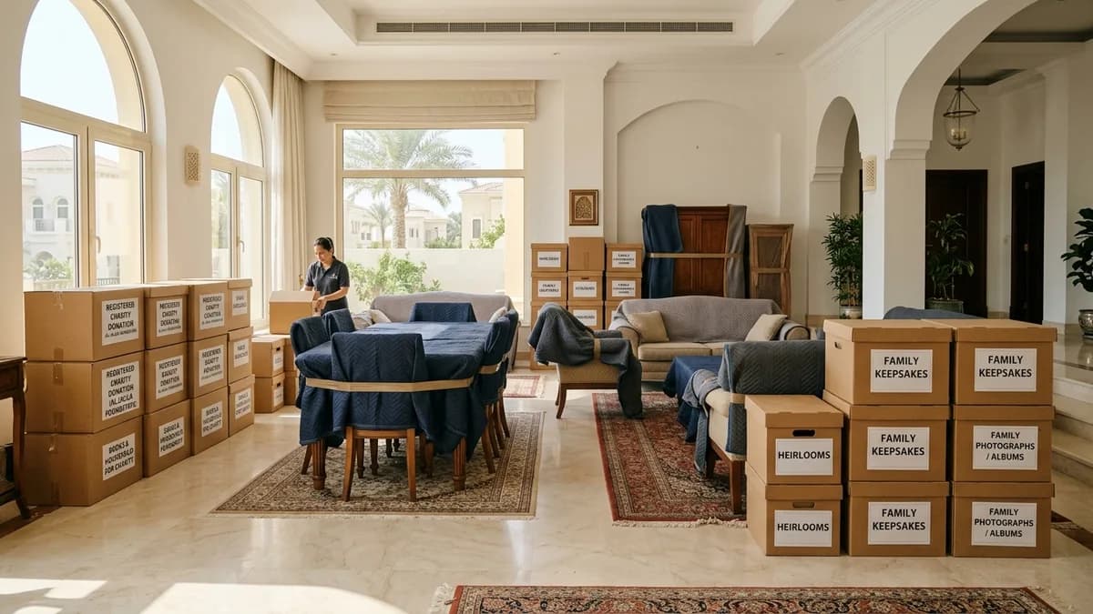 Organized residential villa living room in Dubai with labeled boxes for family heirlooms and registered charity donations during an estate clearance