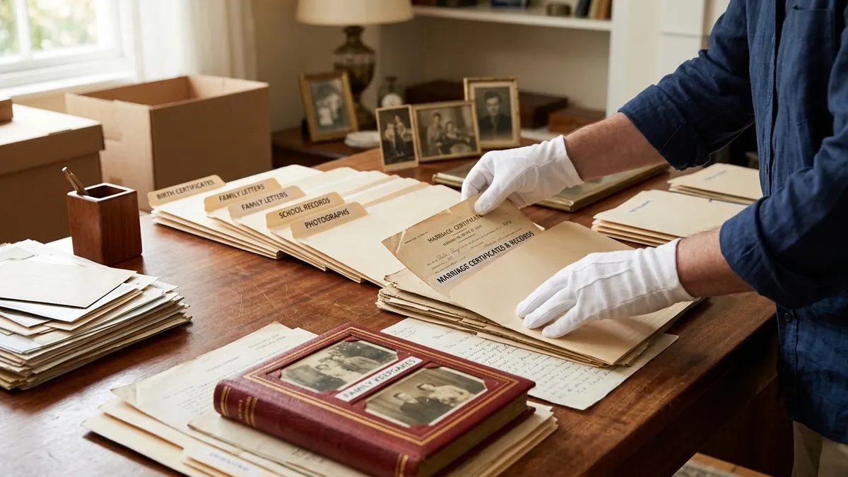 Hands in clean cotton gloves carefully organizing personal documents and family photo albums during an estate inventory in Dubai