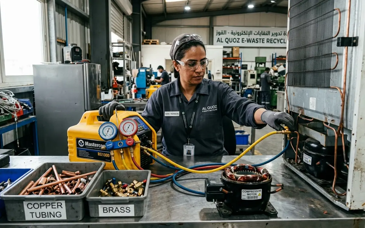 Certified technician using refrigerant recovery gauges and sorting dismantled appliance copper and brass components at a Dubai facility