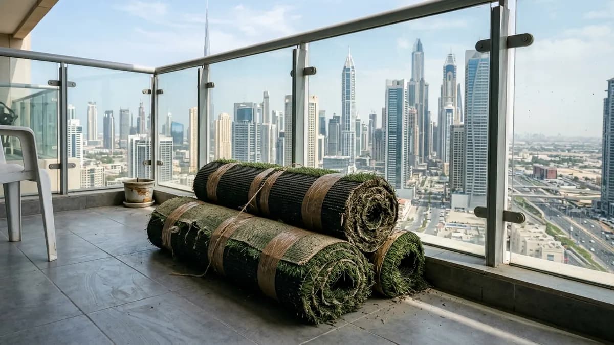 High-rise Dubai apartment balcony overlooking residential towers with rolled, bundled and taped artificial grass ready for bulky disposal