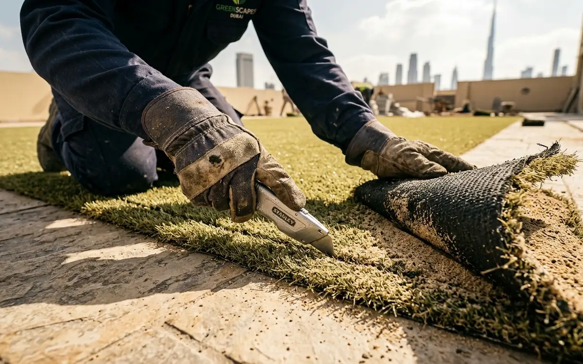 Technician in safety gloves using a utility knife to slice heavy artificial turf on an outdoor patio in Dubai